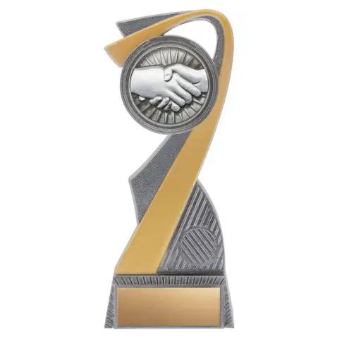 A sleek trophy with a handshake emblem symbolizing partnership.