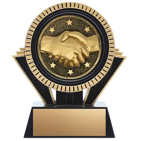 Golden handshake trophy with black base and blank plaque.