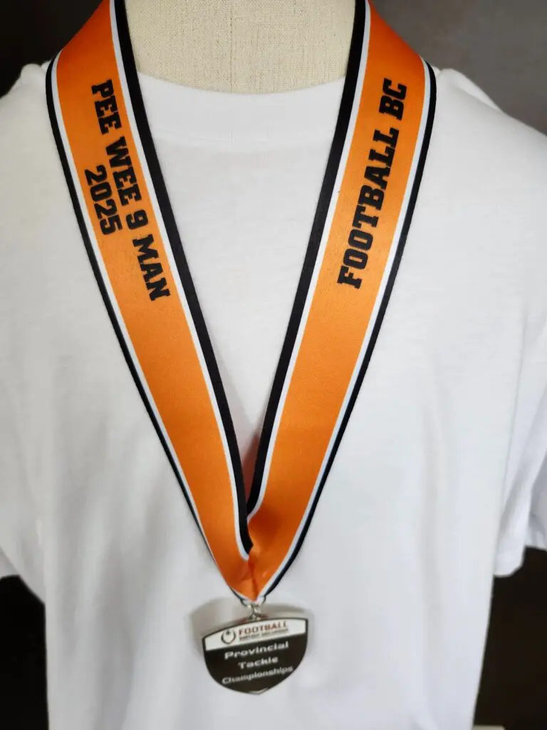 A silver medal on an orange and black ribbon.