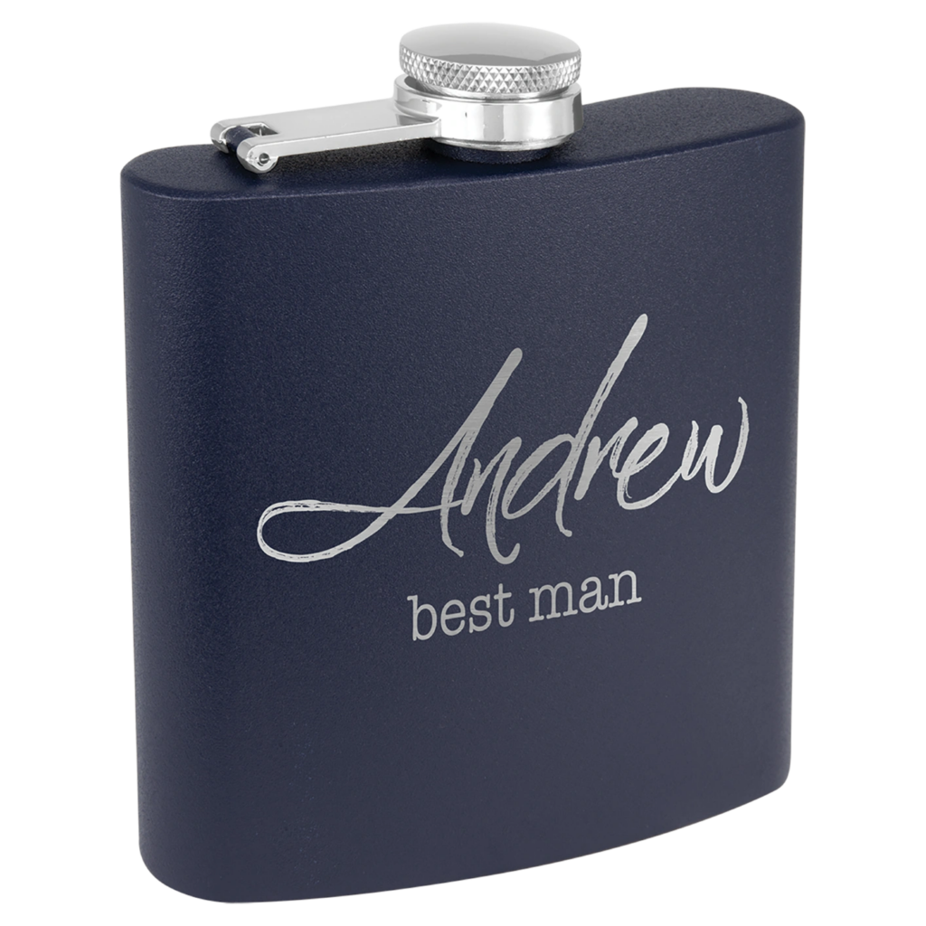 Black flask engraved with 'Andrew best man'.