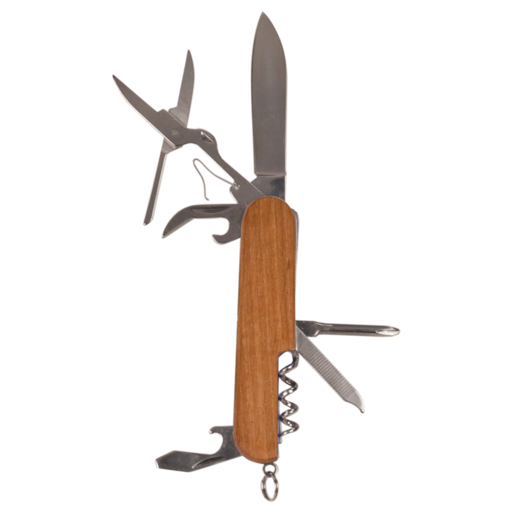 A multi-tool pocket knife with wooden handle and several tools.