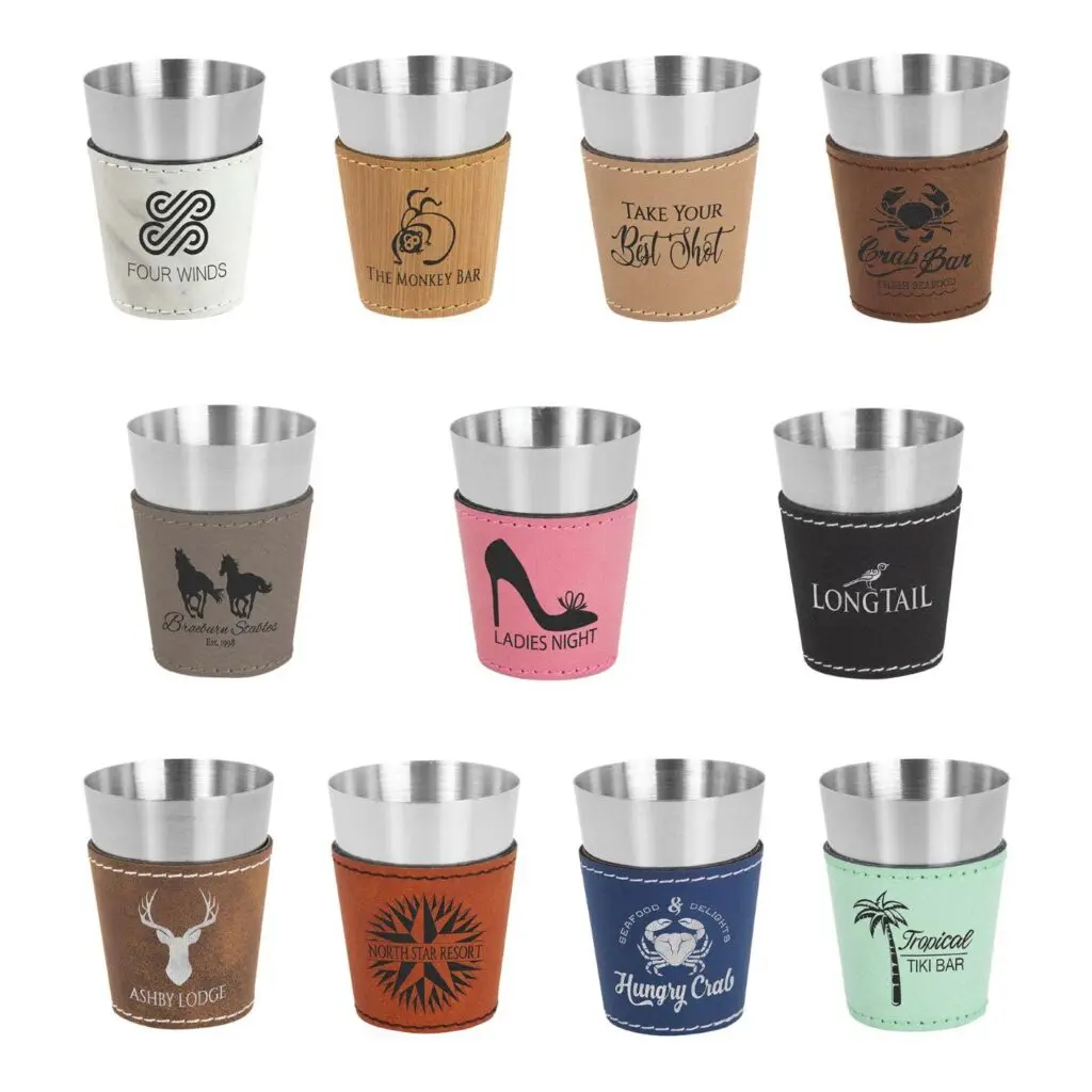 Set of 10 stainless steel cups with various colorful and themed sleeves.