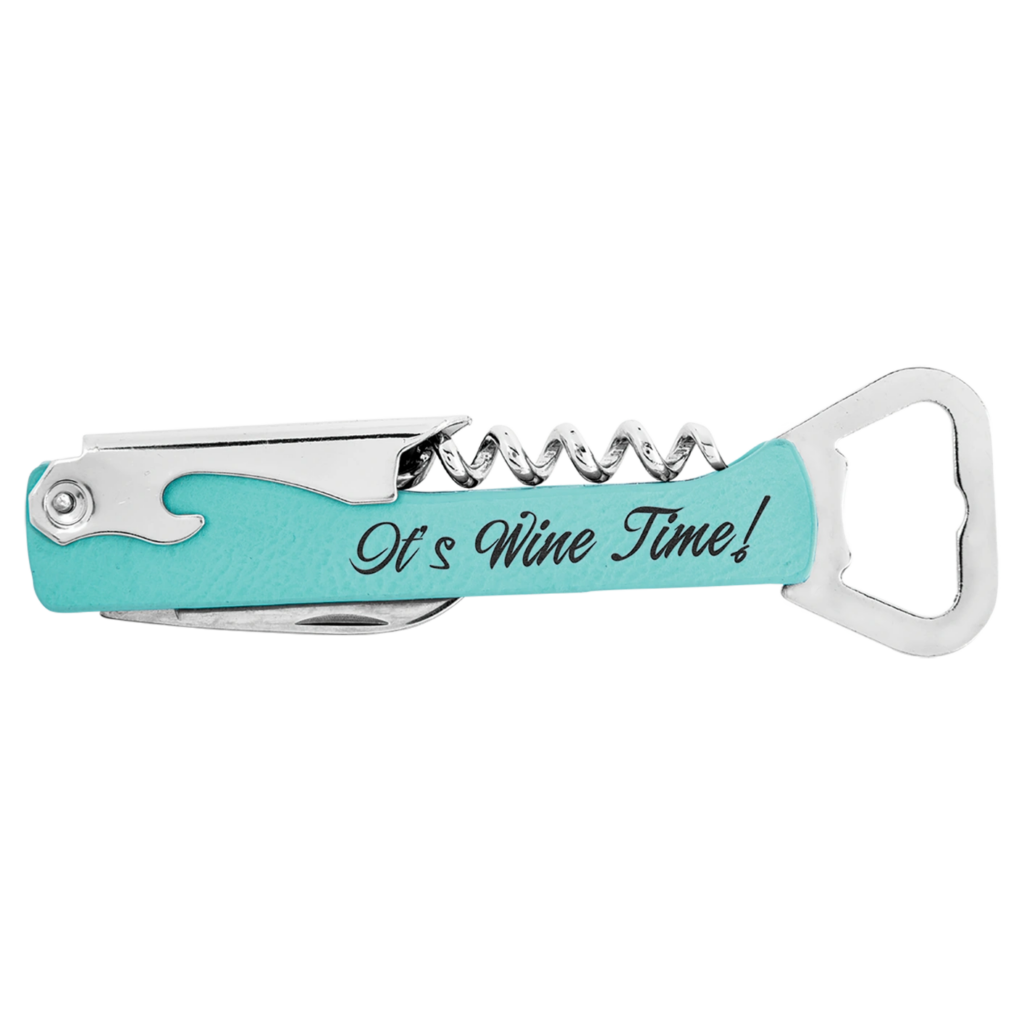 A multi-tool bottle opener with a corkscrew and knife, labeled 'It's Wine Time!'.