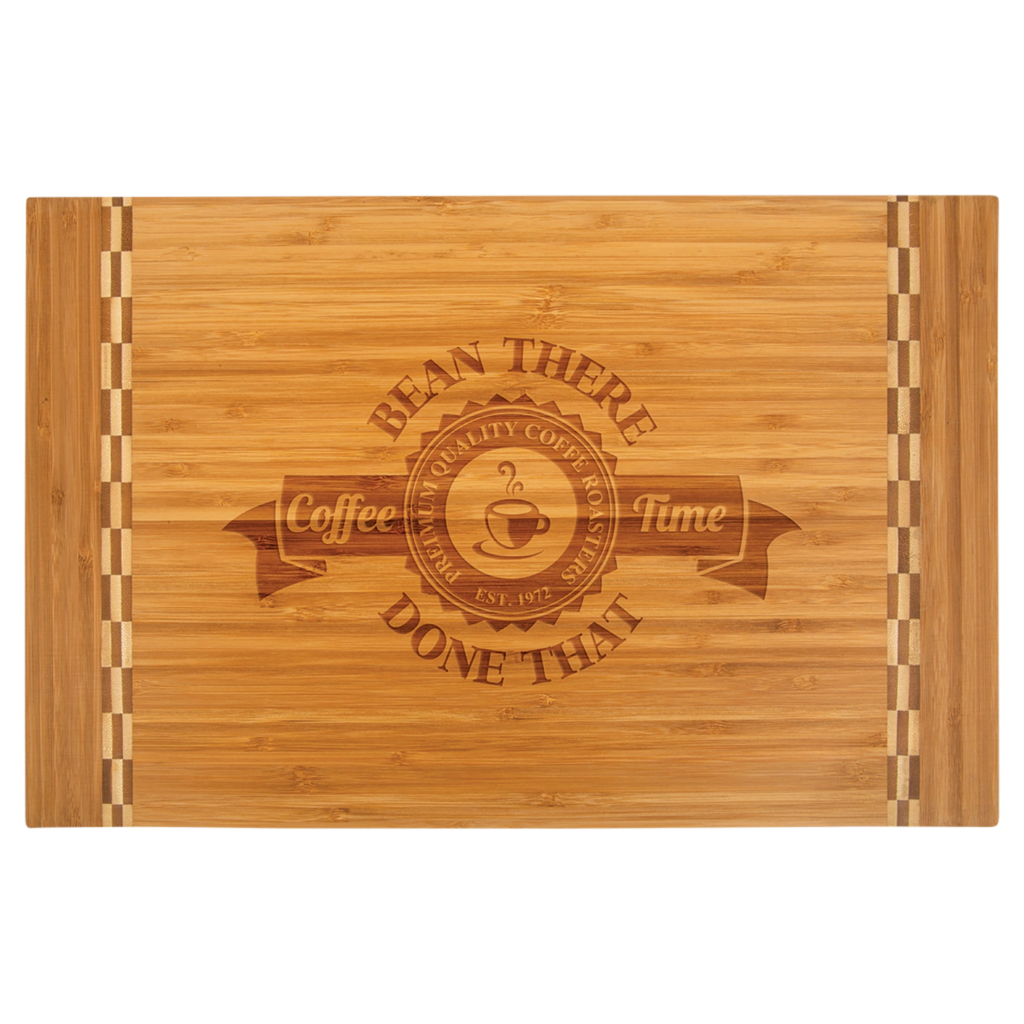 Wooden cutting board with engraved branding and decorative edges.