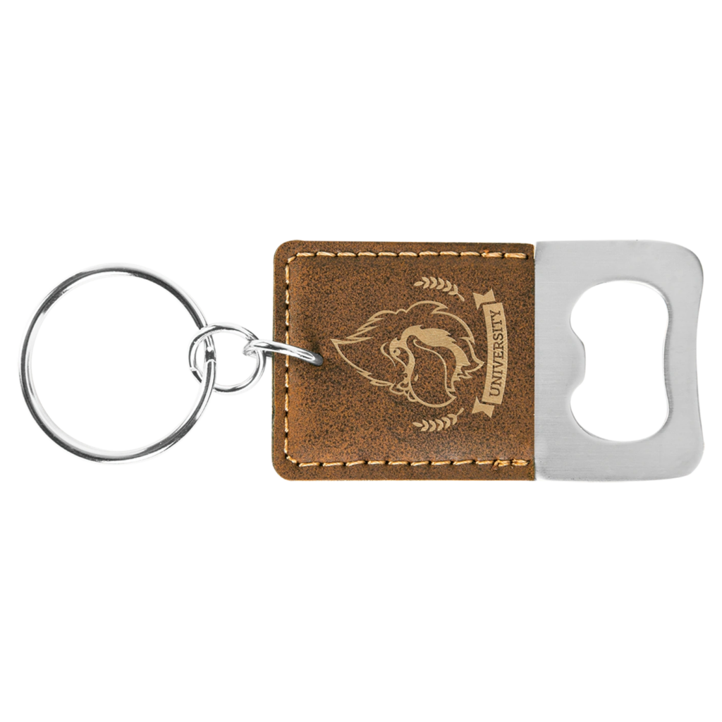 Leather keychain with an embossed logo and a metal bottle opener.