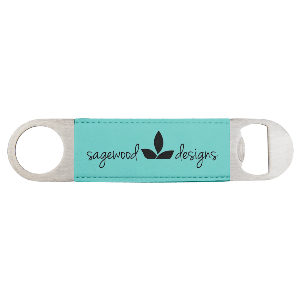 A turquoise bottle opener with 'saguaro designs' logo and text.