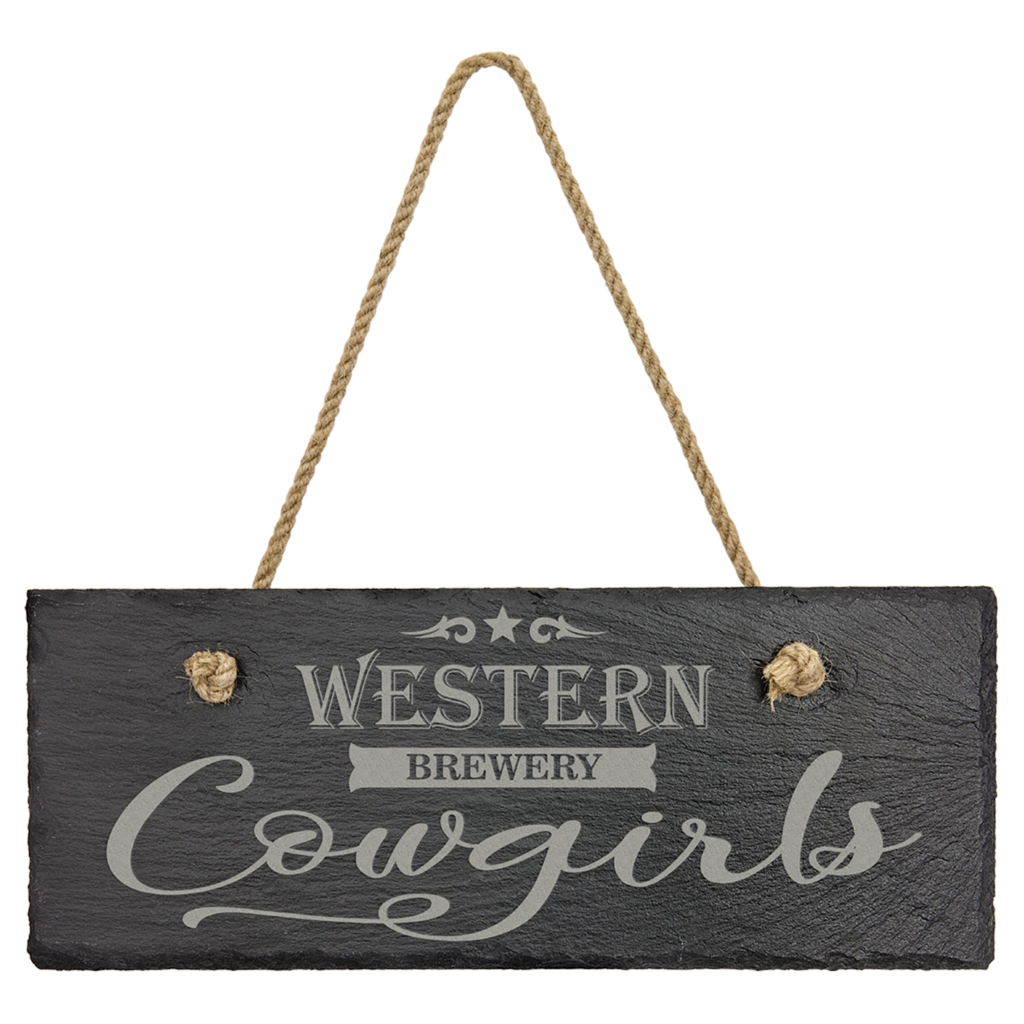 Rustic sign reading 'Western Brewery Cowboys' hanging by rope.