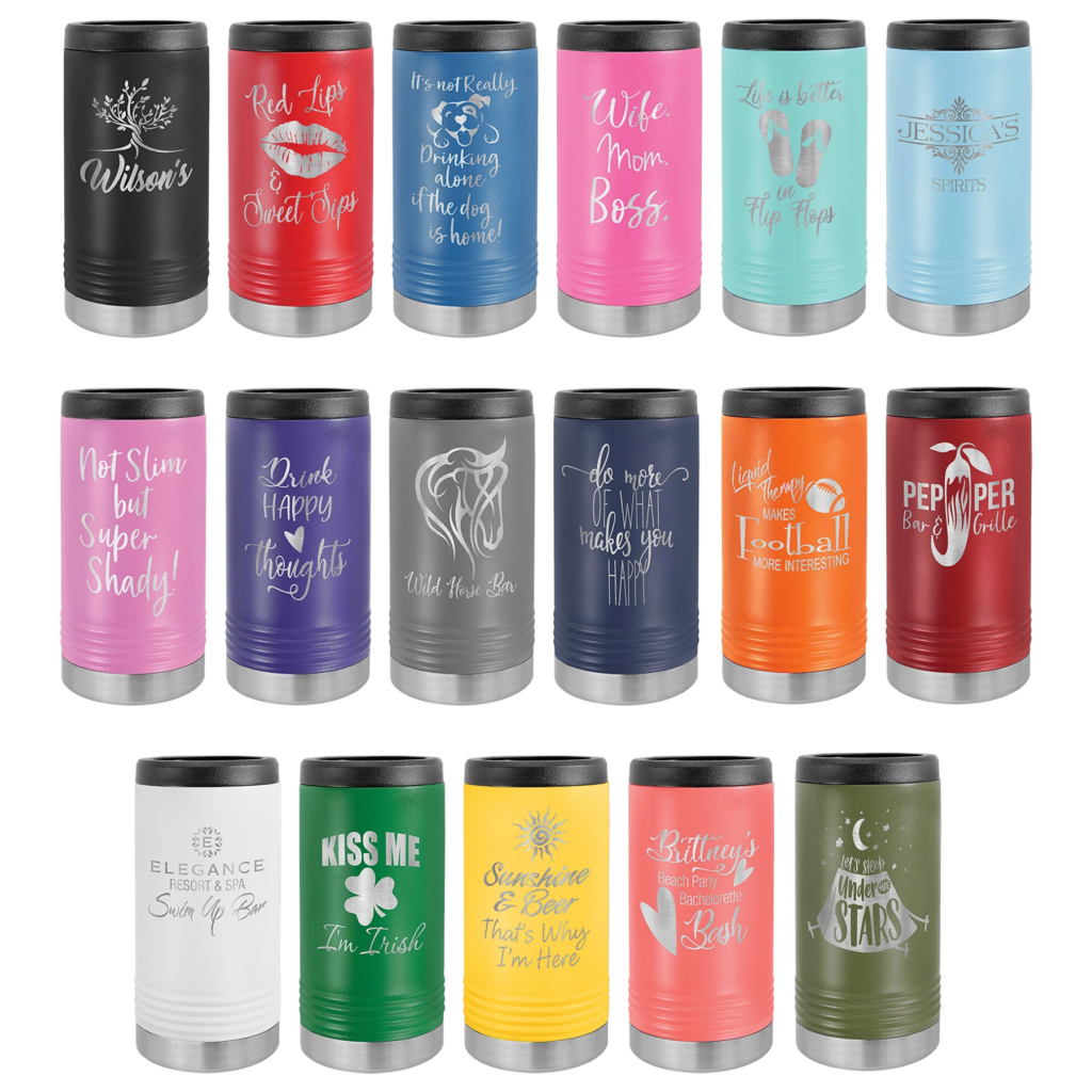 Colorful collection of tumblers with various designs and quotes.