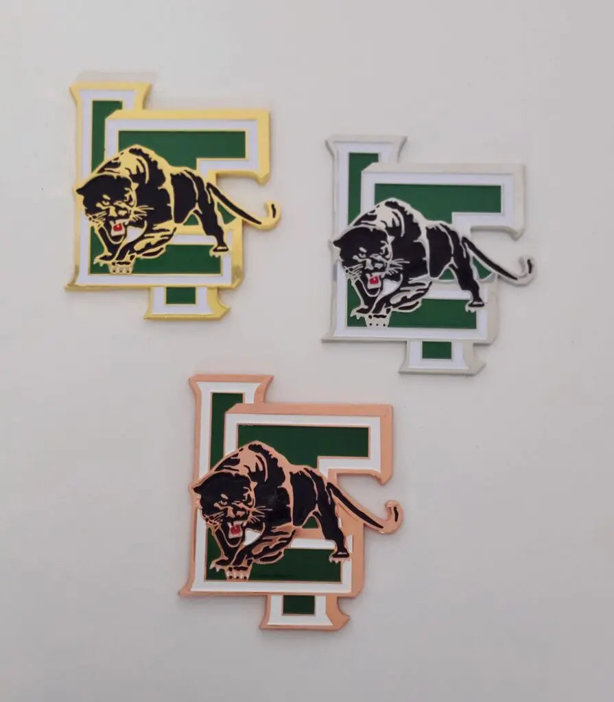 Three stylized dog logos with the letter 'F' in different color schemes.