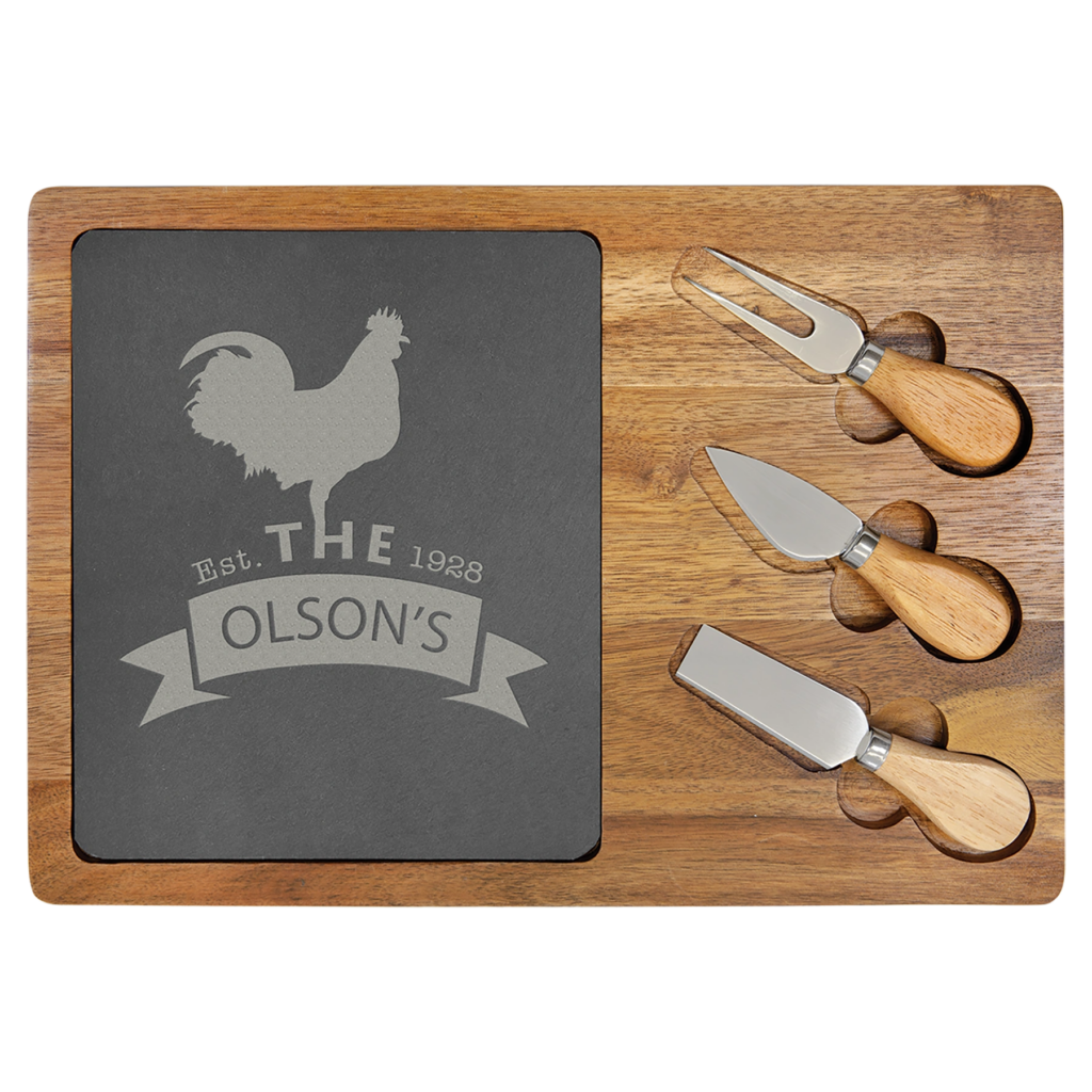 Personalized cheese board set with engraved slate and utensils.