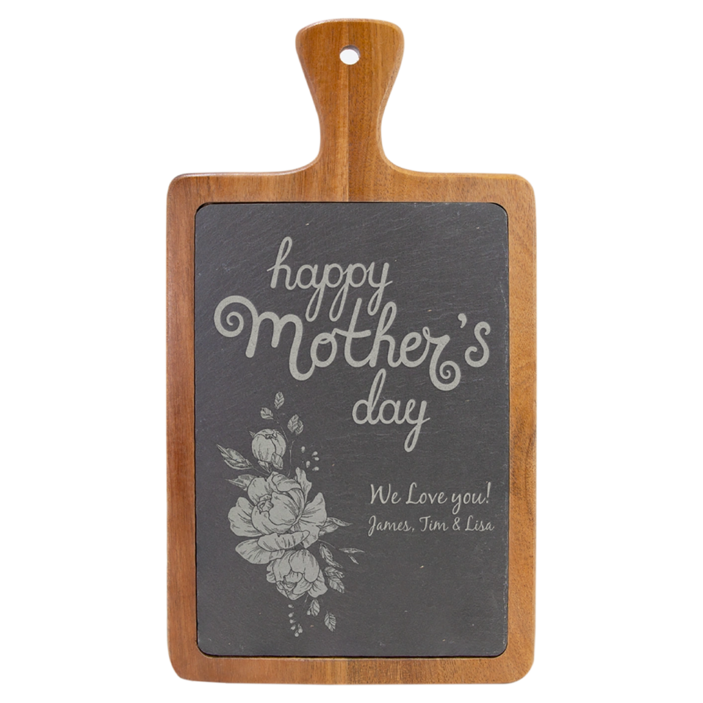 A chalkboard-style Mother's Day message on a wooden cutting board.