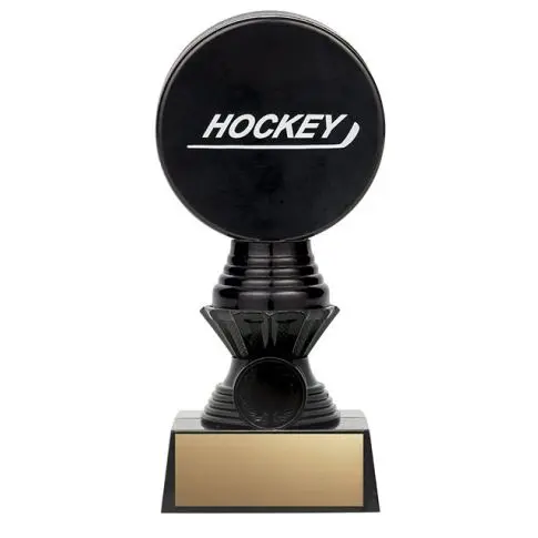 Black hockey trophy with a blank gold plate.