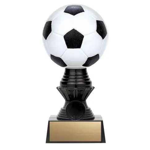 Black pedestal soccer trophy with gold plaque