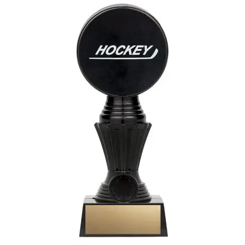 Black hockey trophy with gold base plate.