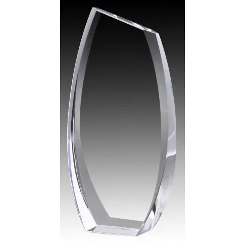 A sleek, transparent glass trophy with a modern, angular design.