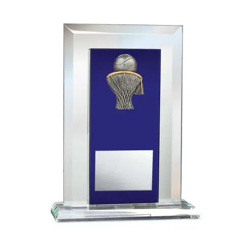 Glass trophy with a golden basketball player on a blue background.