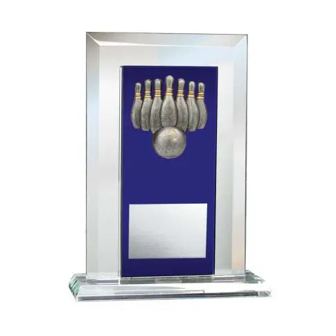 Glass trophy featuring a bowling ball and pins design.