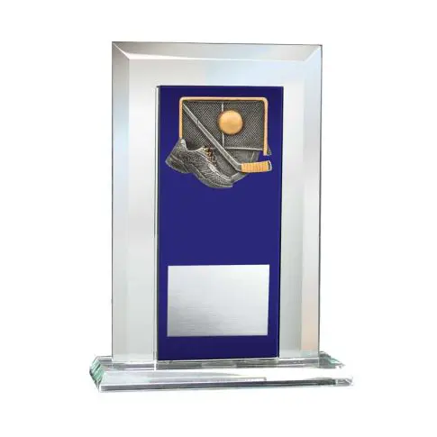 A glass trophy with a blue plaque and a gold tennis design.