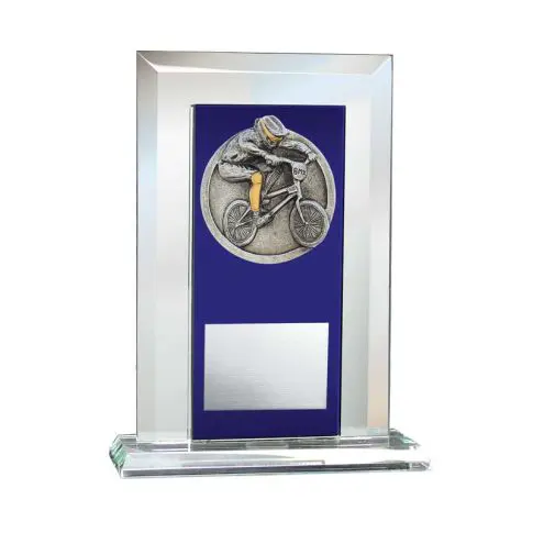 Elegant glass trophy with a silver medallion and blue accent.