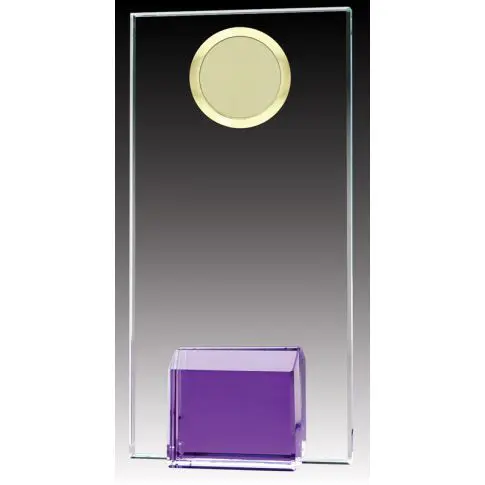 Clear glass plaque with a circular gold emblem and purple base.
