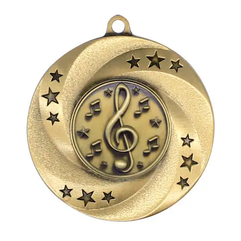 Gold music-themed medal with treble clef and stars.