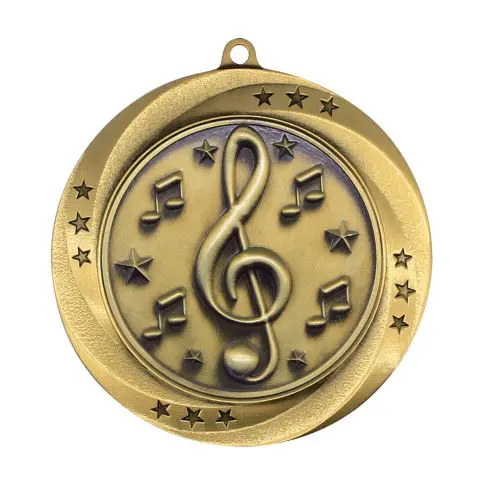 A gold medal featuring a treble clef and musical notes.