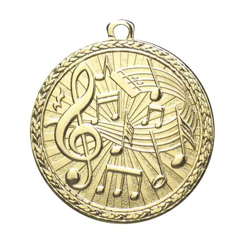Gold medal with musical notes and instruments design.