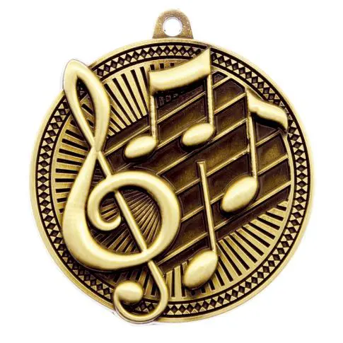 A gold medal featuring musical notes and a treble clef.