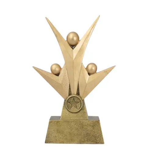 Golden trophy with three abstract human figures raising arms in victory.