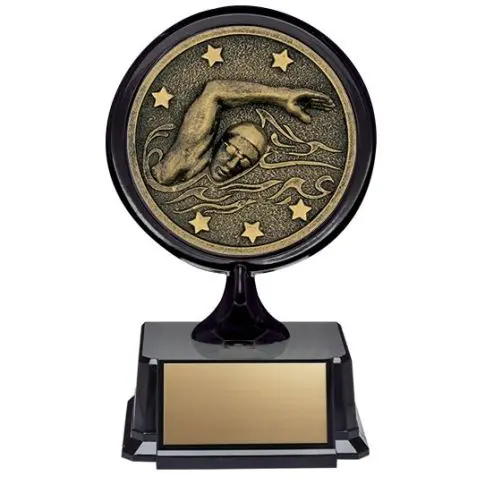 A swimming trophy with a swimmer and stars design.