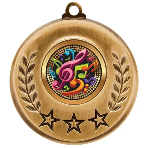 Gold medal with musical notes and stars design.