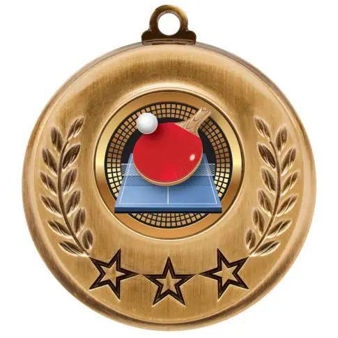 A bronze medal with a three-star design and a ping pong paddle and ball motif.