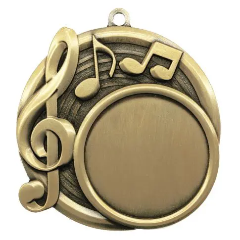 Antique gold music medal with treble clef and notes.
