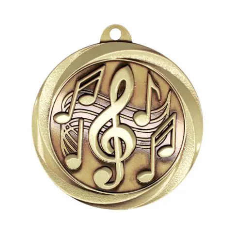 A bronze medal with musical notes and a treble clef design.