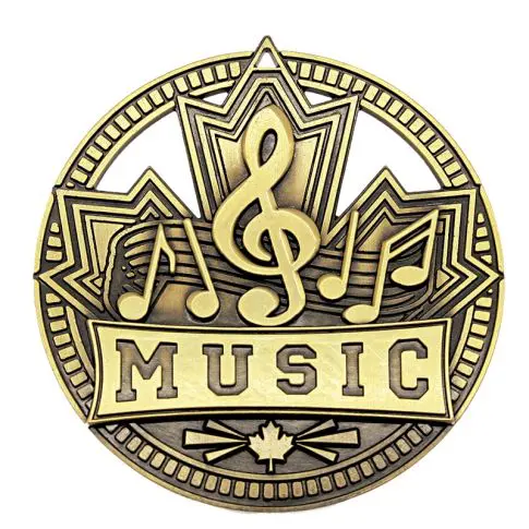 Vintage emblem featuring musical notes and the word 'MUSIC' in gold tones.