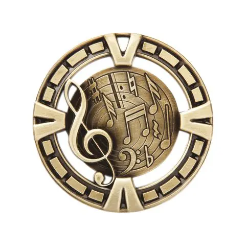A music-themed bronze medal with notes and a treble clef.