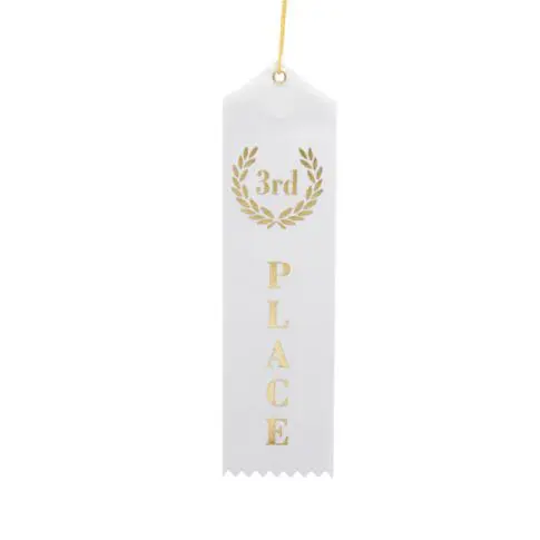White ribbon with gold text for 3rd place achievement.