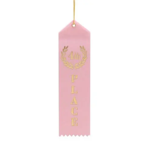 Pink award ribbon with gold lettering and a crown design.