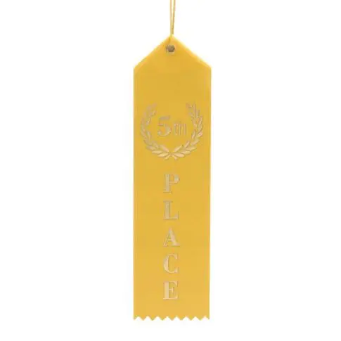 Yellow award ribbon with a silver emblem and text.