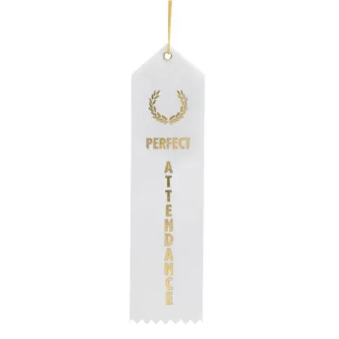 White ribbon with gold text for attendance recognition.