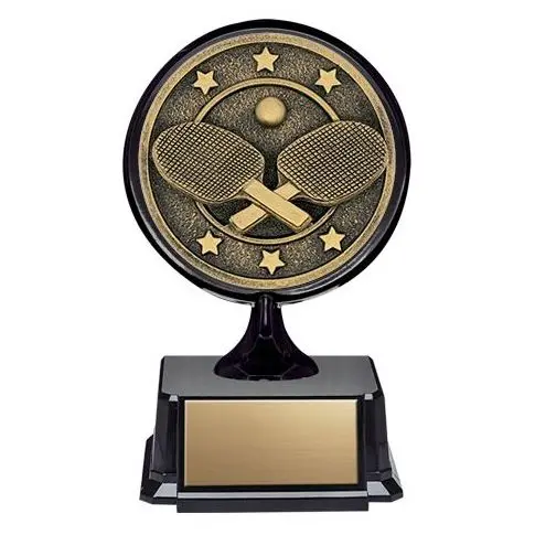 Tennis trophy with rackets and ball design.