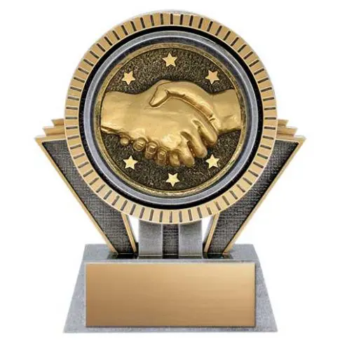 A trophy with a handshake emblem symbolizing partnership or agreement.