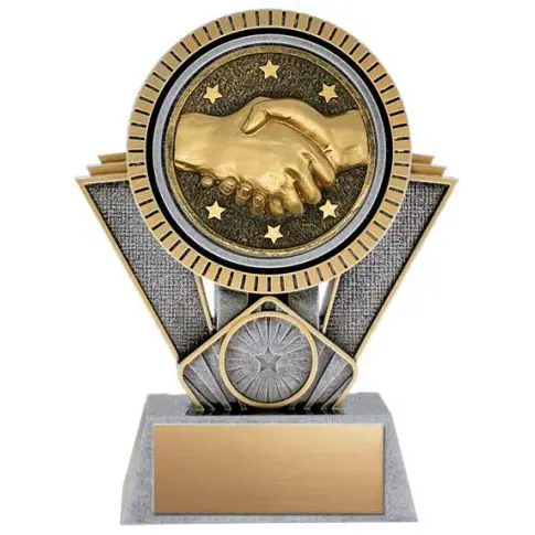 A handshake trophy with gold and silver colors on a marble base.